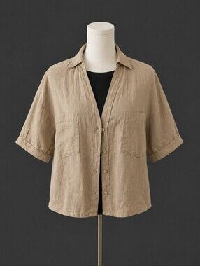Women's Beige Linen Short-Sleeve Button-Down Shirt